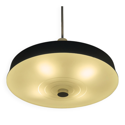 Grande suspension Mid Century métal laqué verre opalin gravé 1960