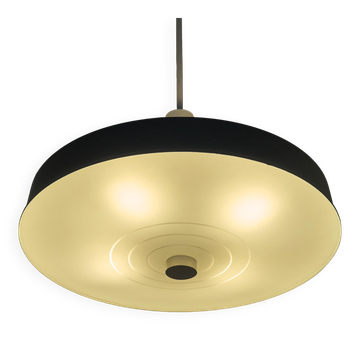 Grande suspension Mid Century métal laqué verre opalin gravé 1960