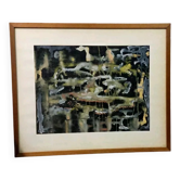 Abstract painting rulo 1969 mixed technique paper frame