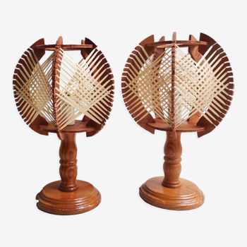 Portuguese mid century natutal wood straw organic material bedside table lamps 1960s SET of 2