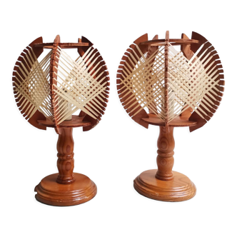 Portuguese mid century natutal wood straw organic material bedside table lamps 1960s SET of 2