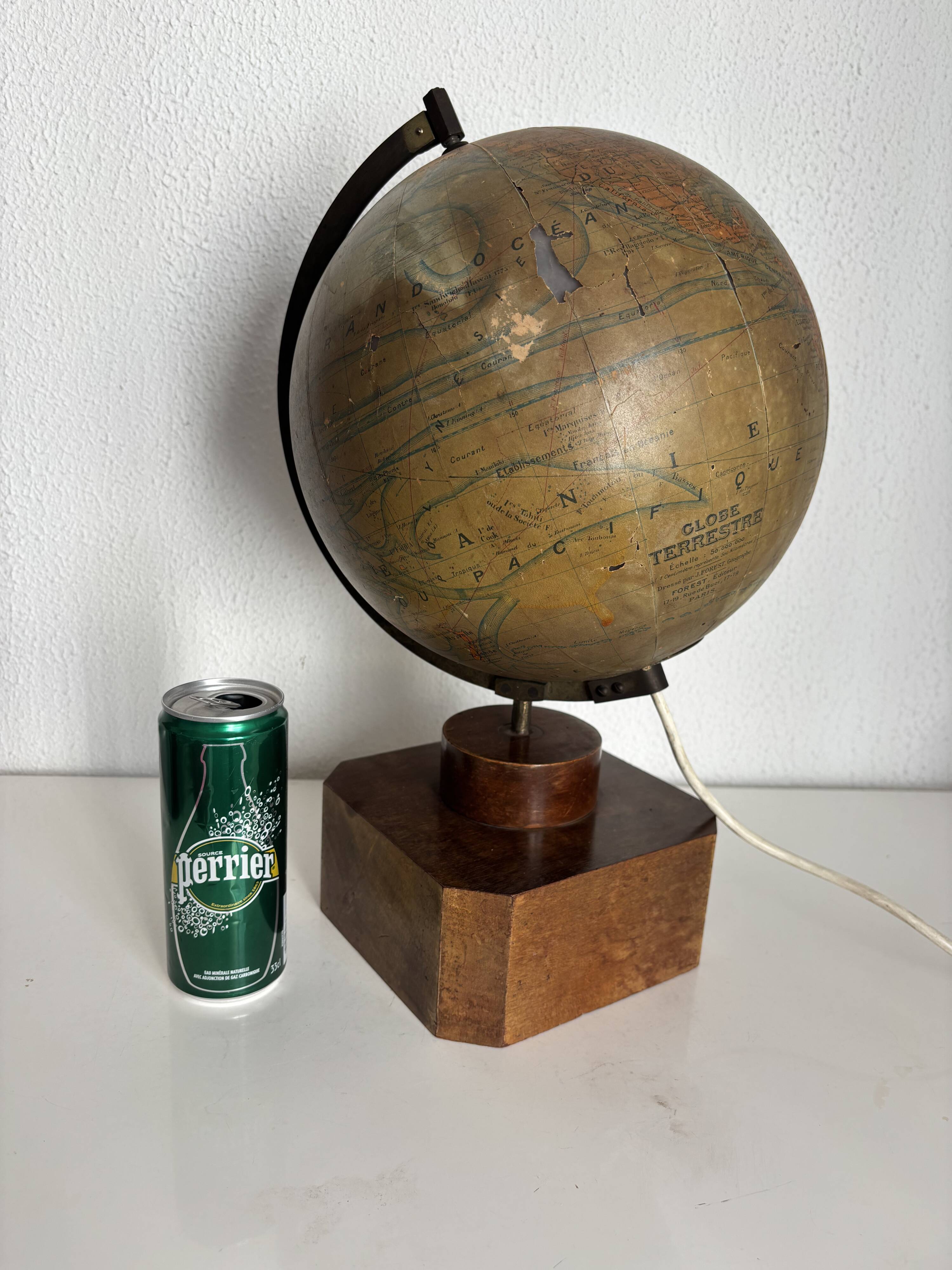 Vintage 1930 globe terrestrial Jacques Adnet world map J. Forest glass wood -