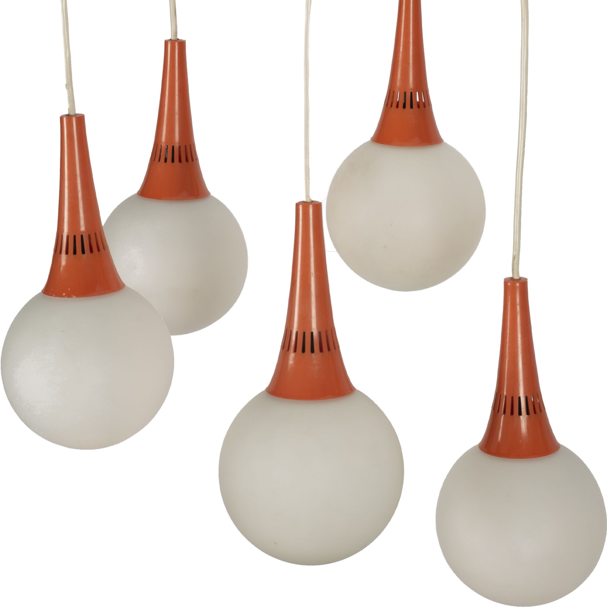 Orange and white 5 ball Space Age pendant lamp