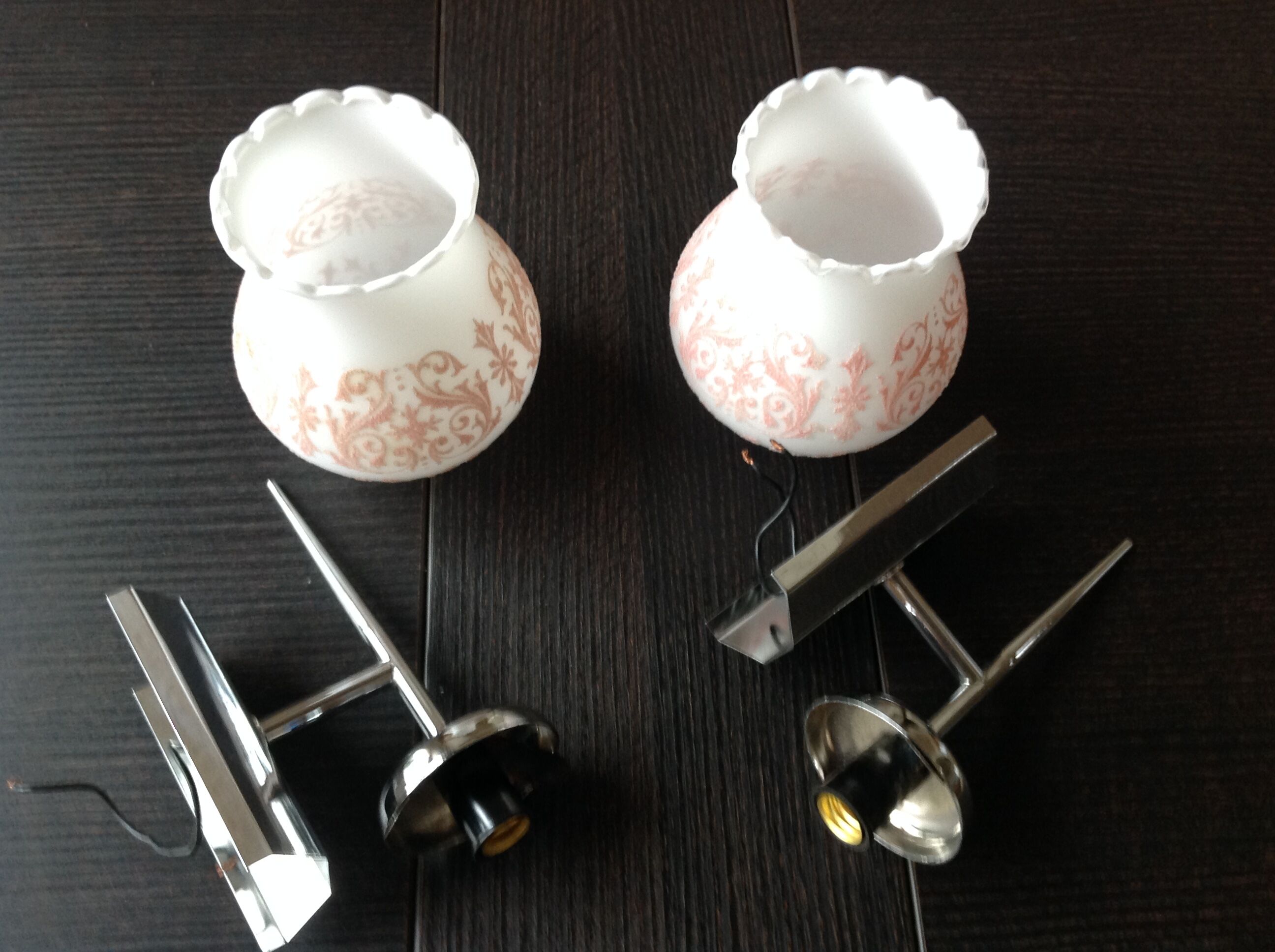 Pair of white opaline and chromed metal / vintage wall lamp 60s-70s