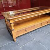 Coffee table with 2 drawers in solid cherry wood and glass.