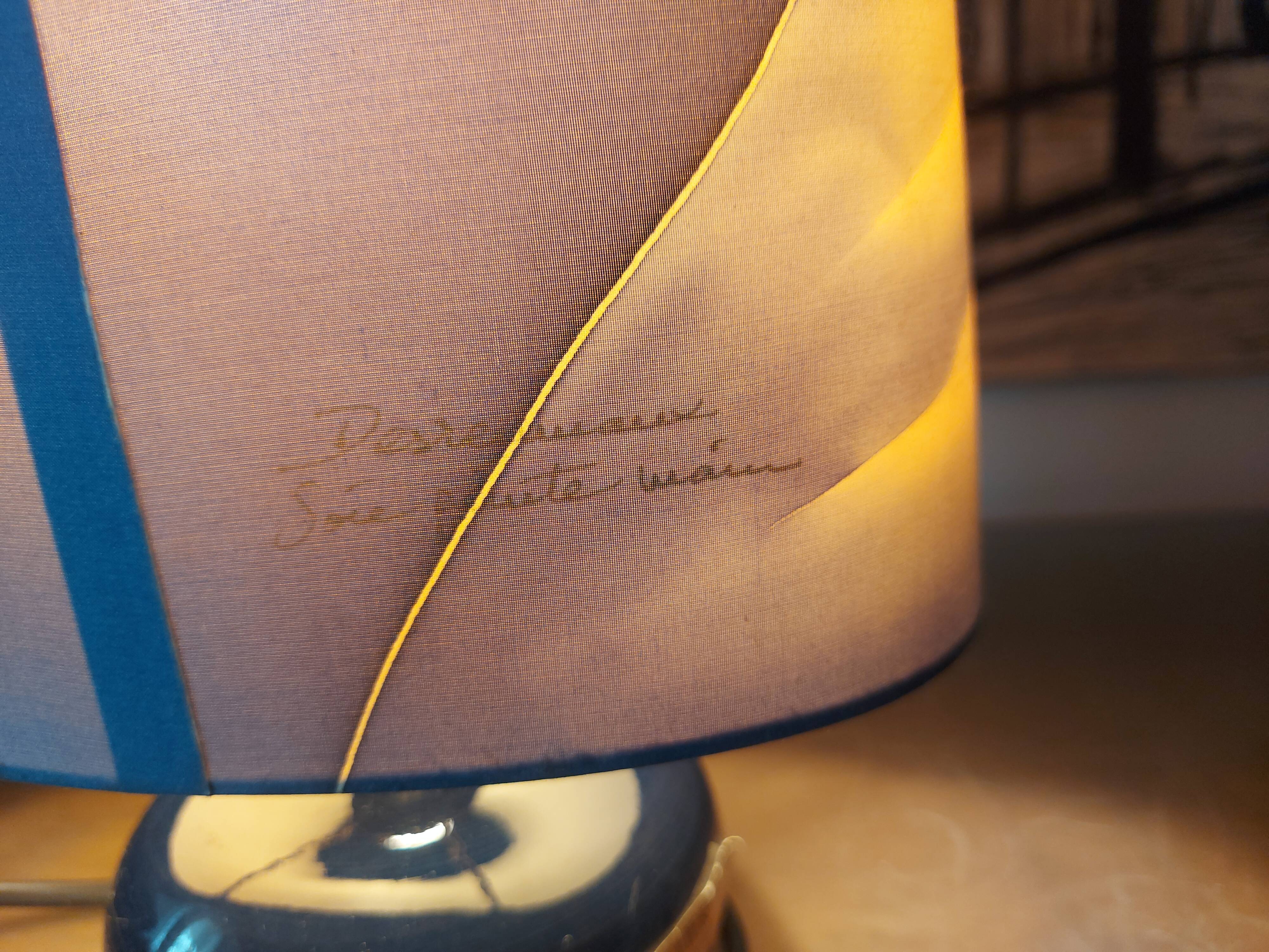 Ceramic lamp, Montclus art workshop, silk lampshade, hand painted