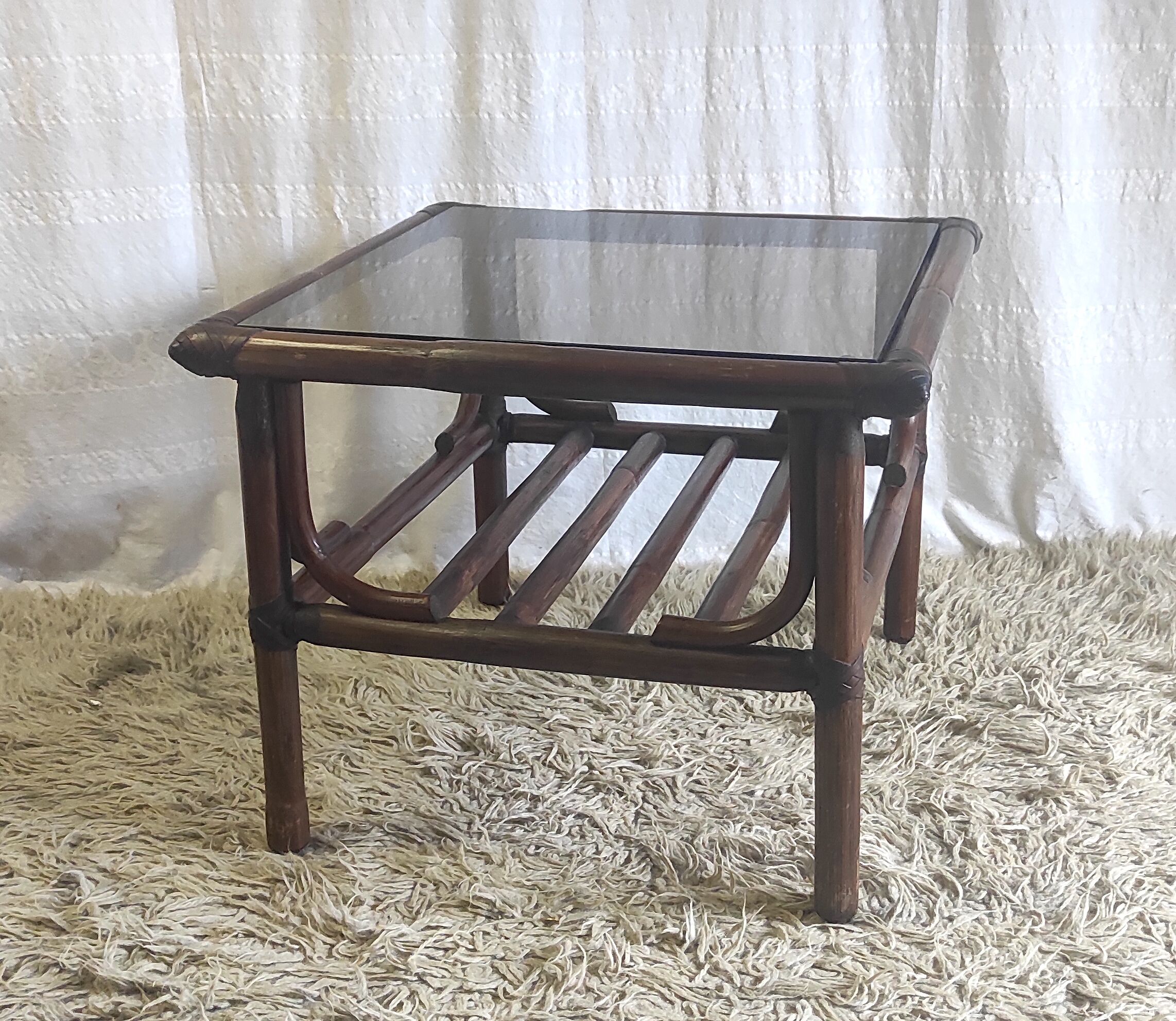 Rattan coffee table and smoked glass 60-70s