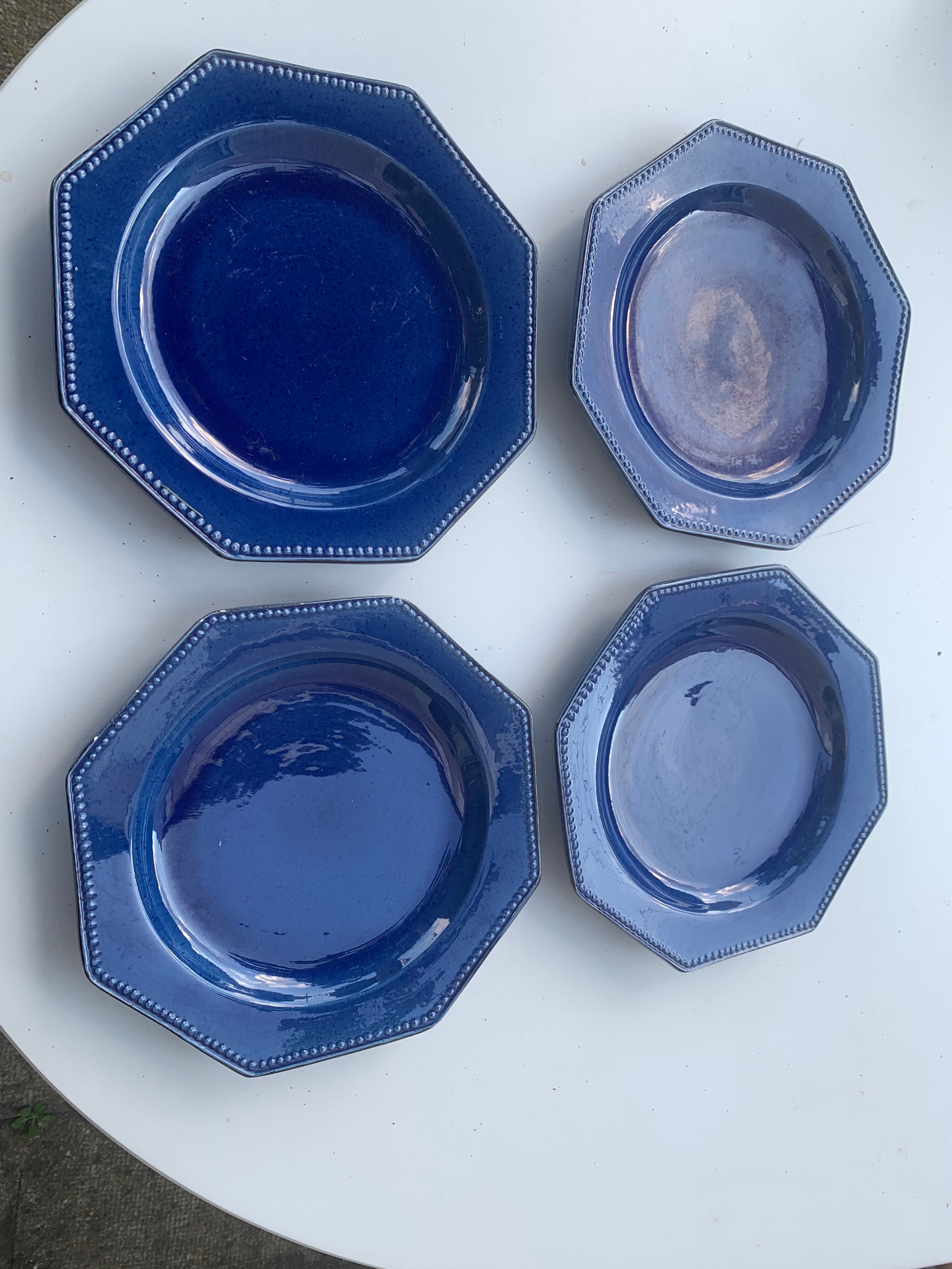 4 octagonal flat plates terre de Provence blue ceramic glazed vintage