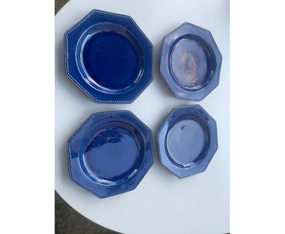 4 assiettes plates octogonales terre de Provence bleues céramique émaillée vintage
