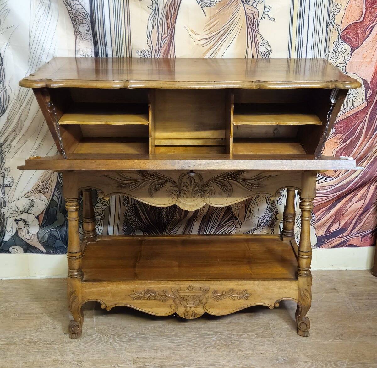 Bread trough / carved walnut – animated scene decoration – early 20th century