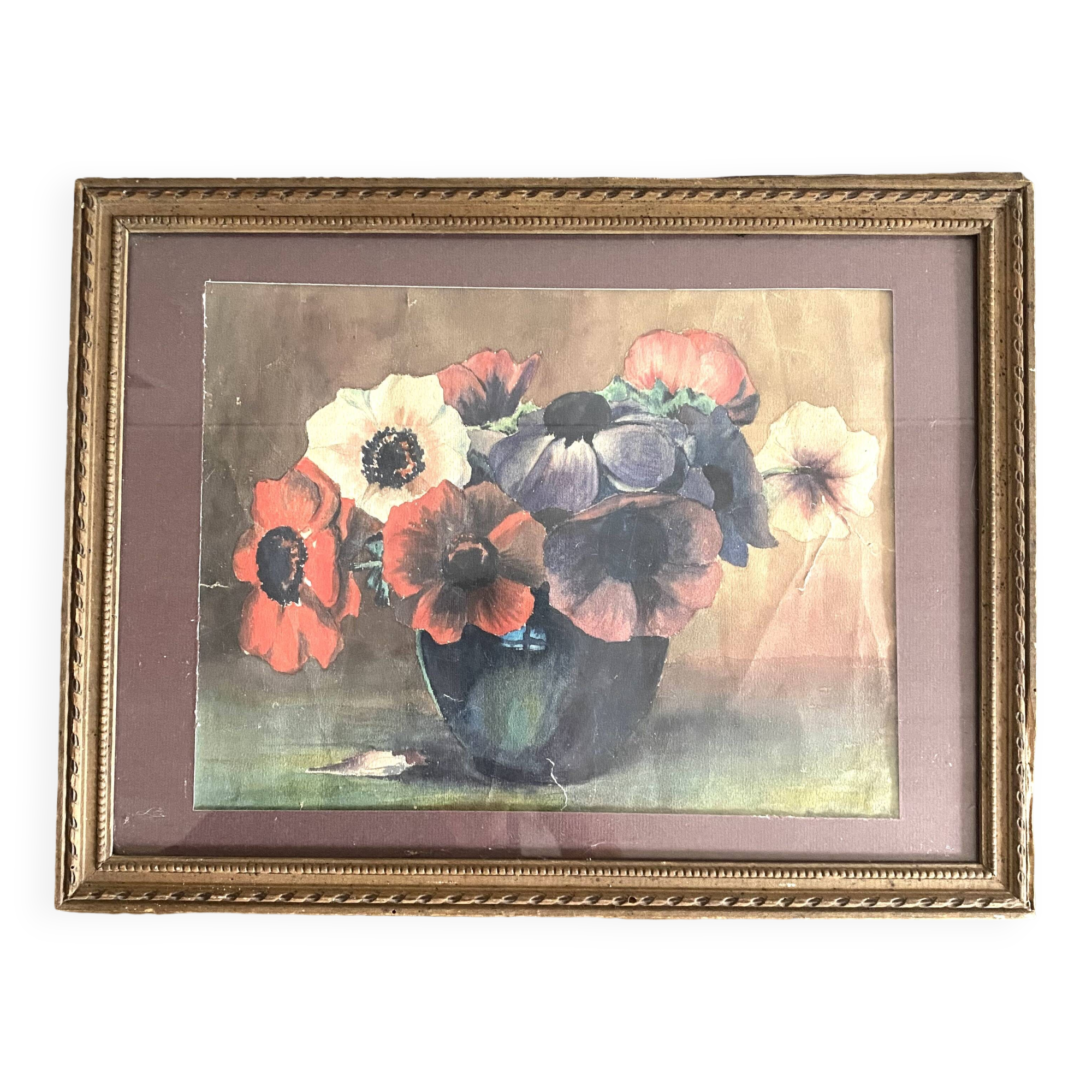 Old watercolor flowers anemone framed