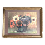 Aquarelle ancienne fleurs anémones encadrée