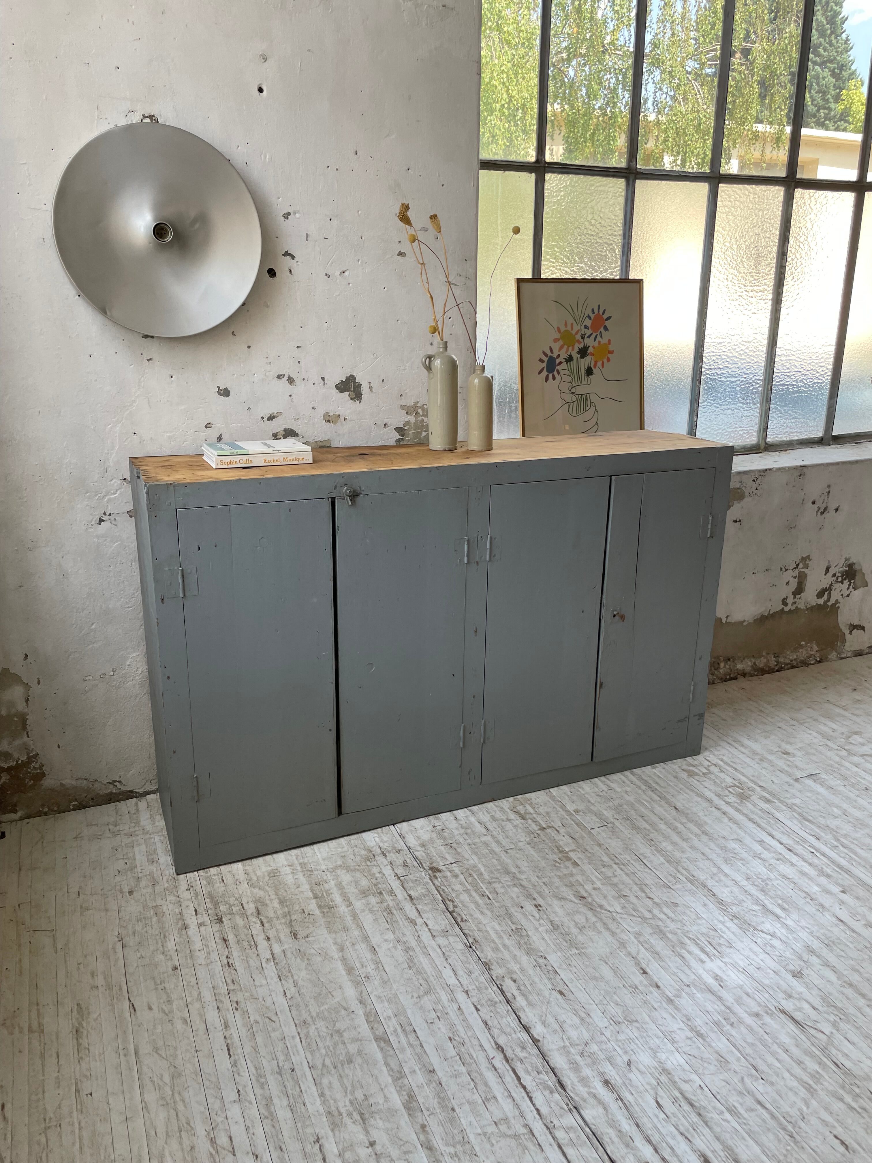 Factory blue patinated workshop furniture
