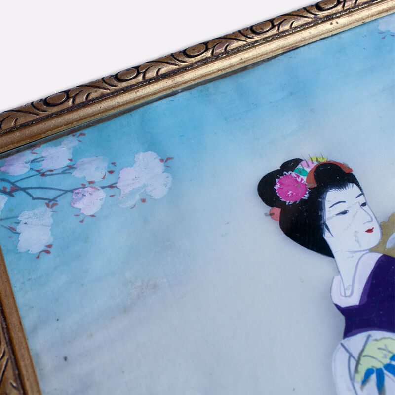 Peinture sur soie (Geisha japonaise) asiatique, Jeune femme en kimono & éventail, vintage rare