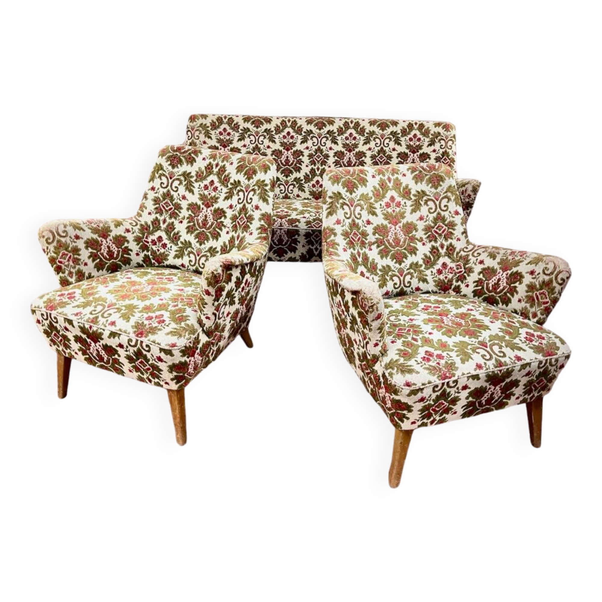 Fauteuils et canapé vintage pieds compas 1950 ancien motif floral
