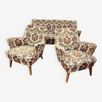 Vintage armchairs and sofa compass legs 1950 old floral pattern
