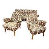 Fauteuils et canapé vintage pieds compas 1950 ancien motif floral