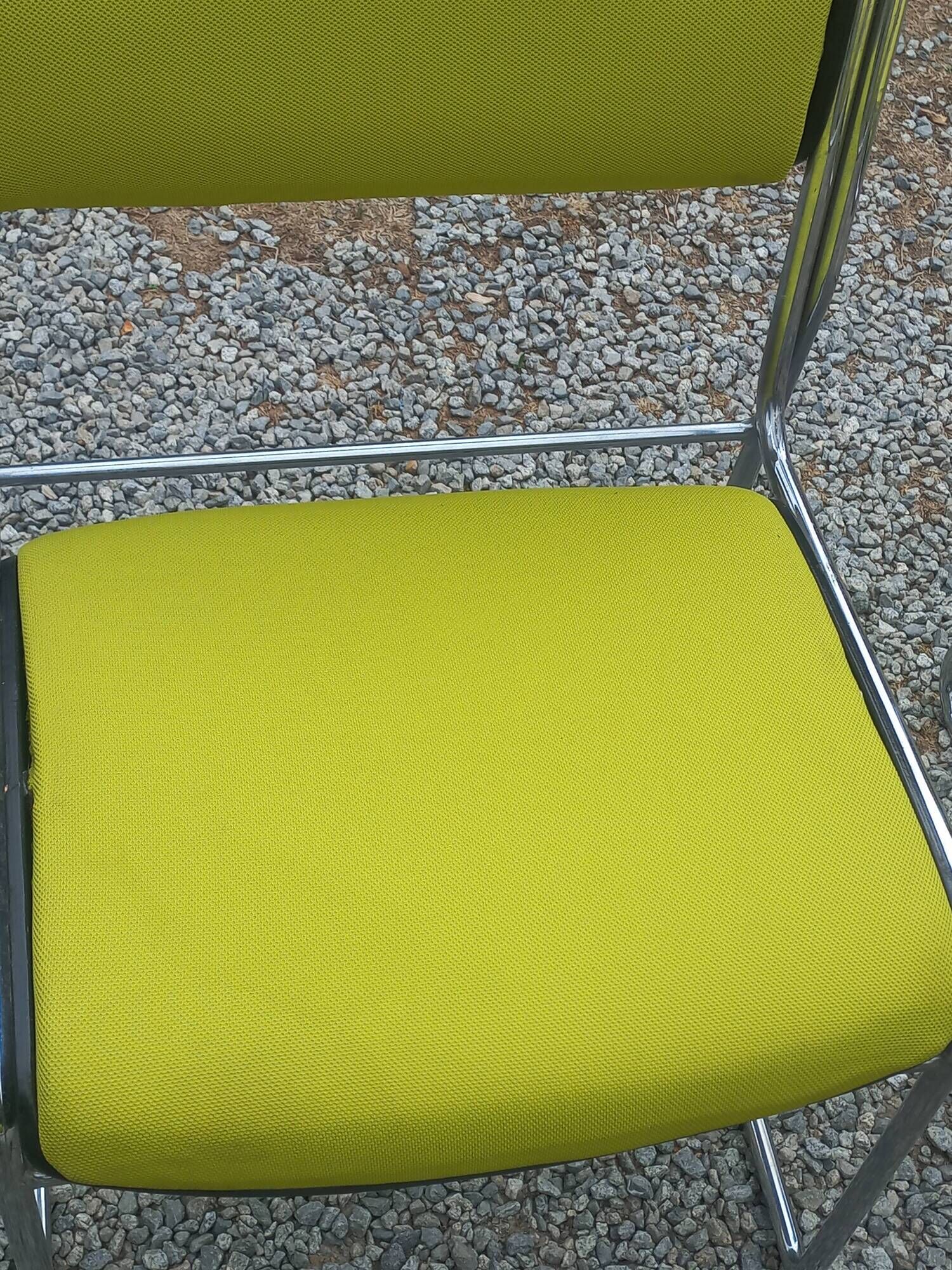 Set of 6 designer chairs with wooden seats and backs, chrome legs.