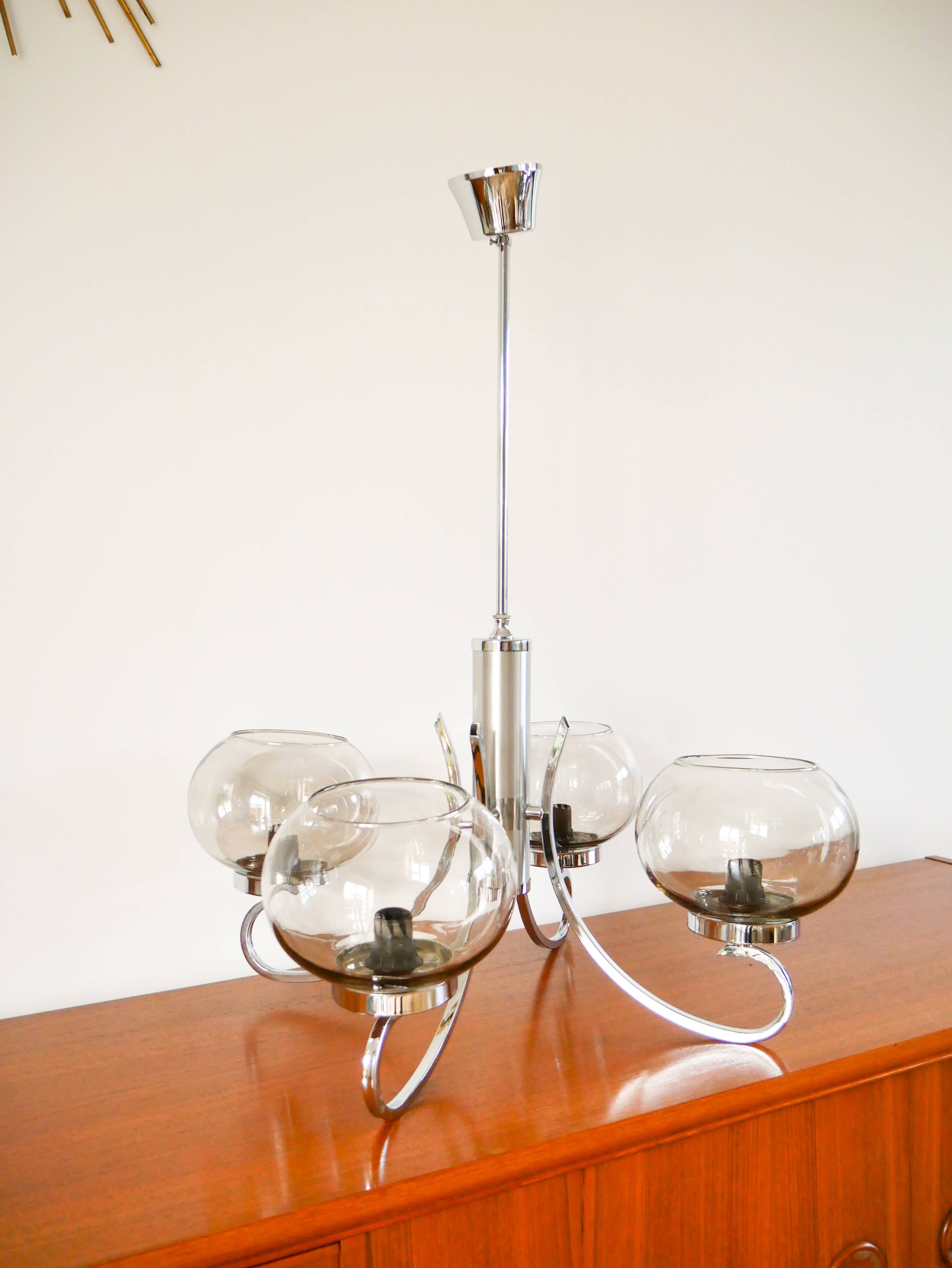 Chandelier Gaetano Sciolari, 4 lights, in chrome and smoked glass, 1970.