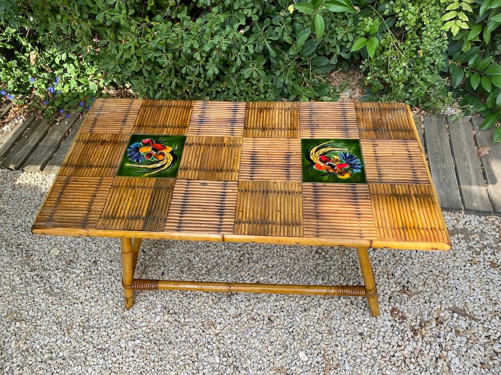 Table basse en bambou et céramique Vallauris  1960