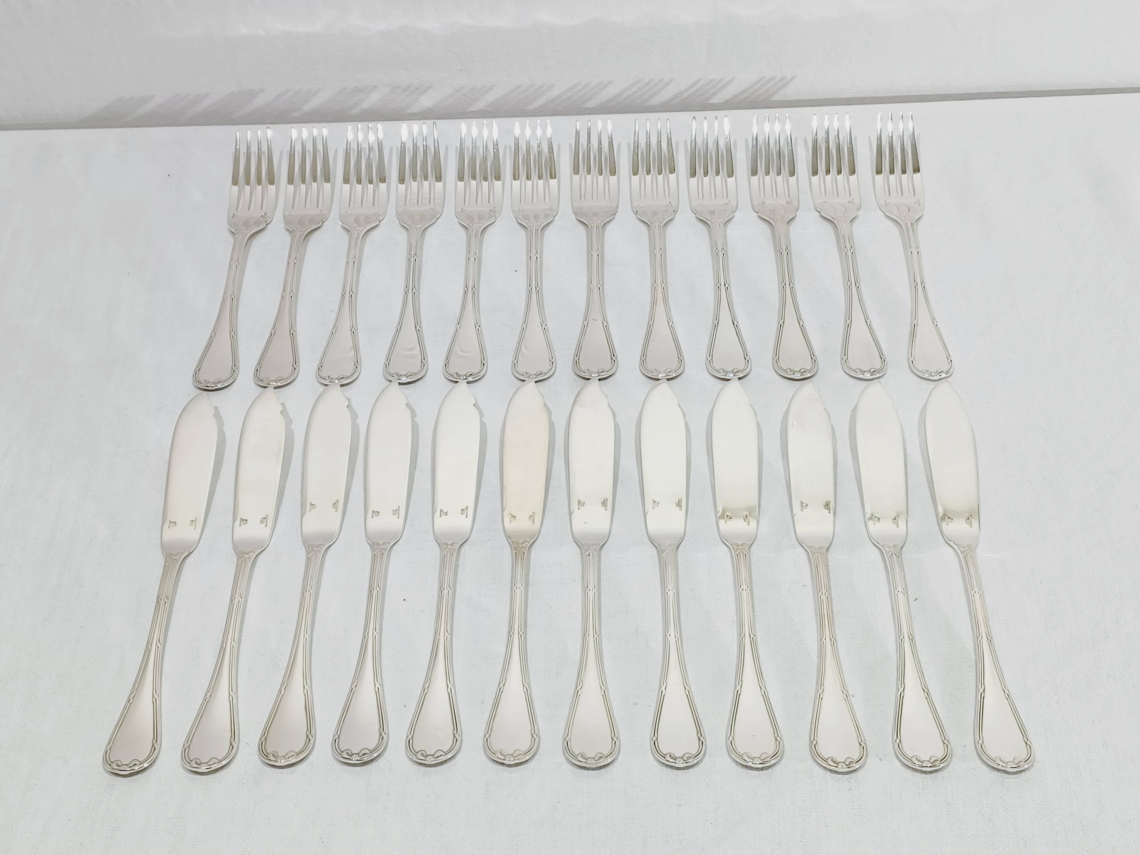 Christofle - 12 Silver-plated Fish Cutlery Sets, Ruban model