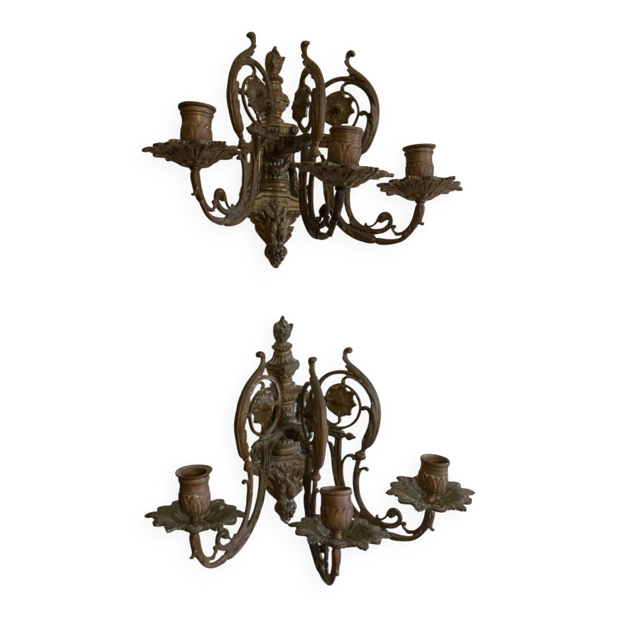 Pair of 3-light wall sconces in gilt bronze in the style