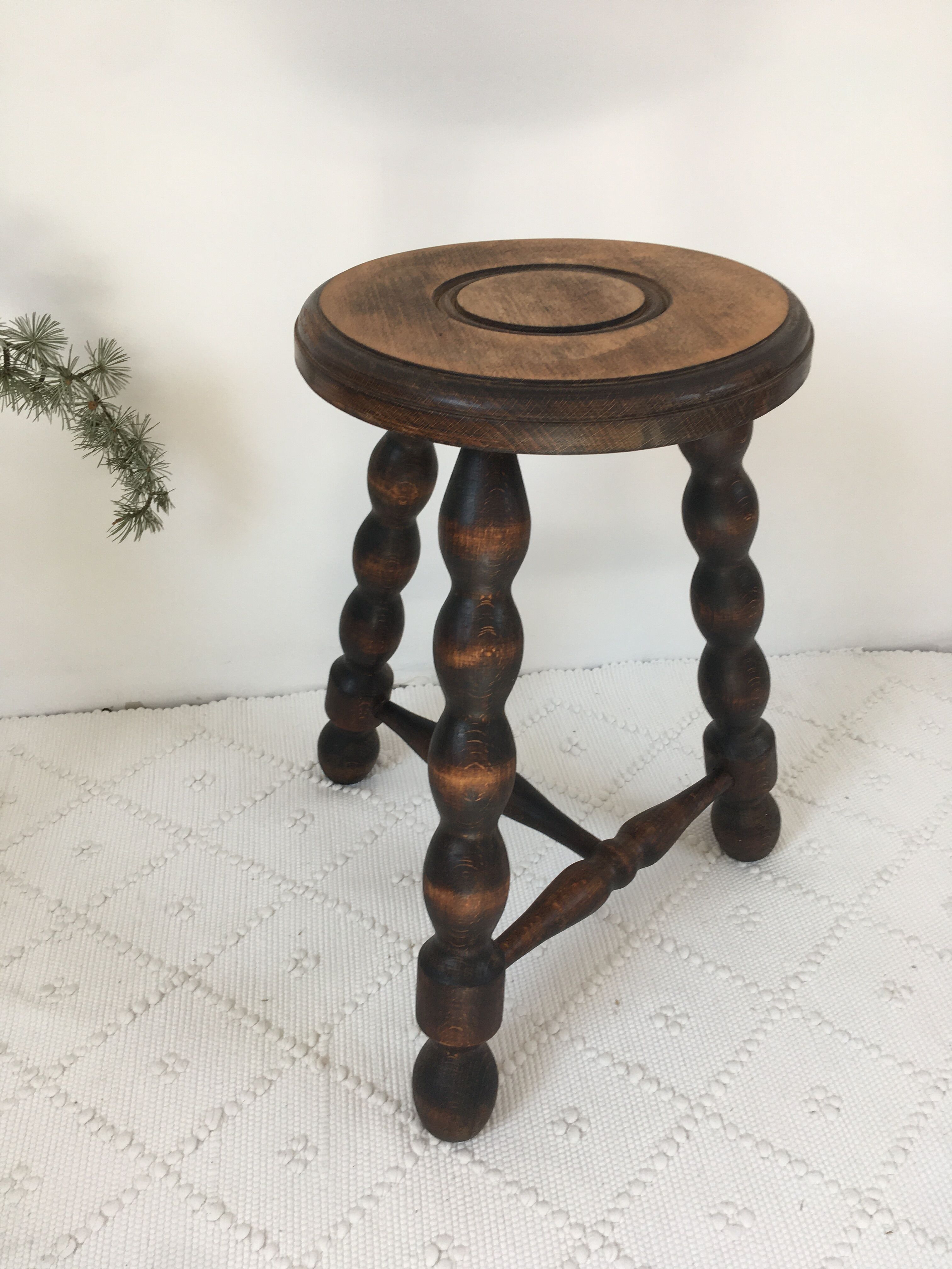 Turned wooden tripod farm stool