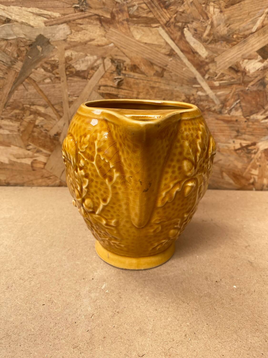 Old barbotine pitcher sarreguemines yellow ceramic squirrel decor