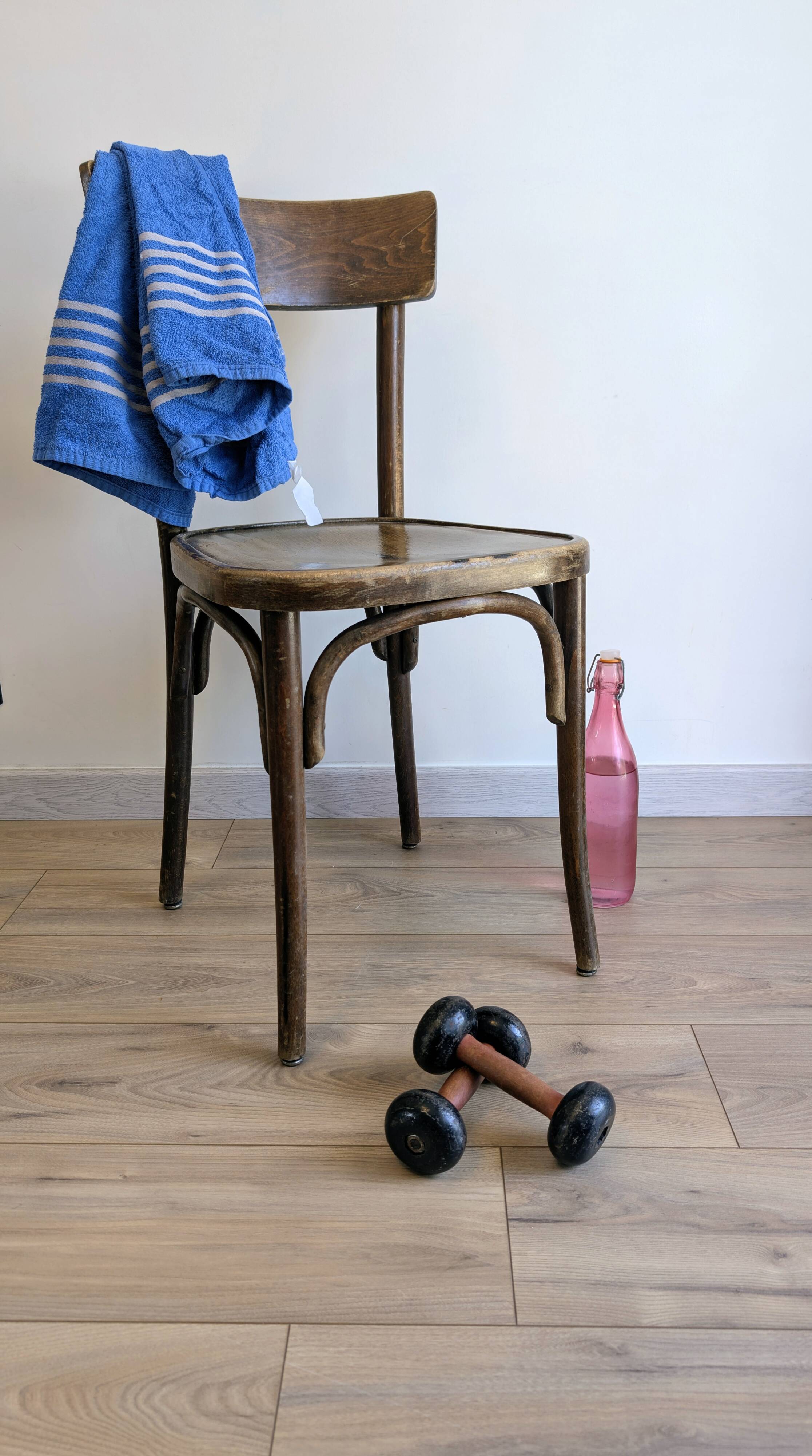 Vintage 2 kg cast iron and wood dumbbell set