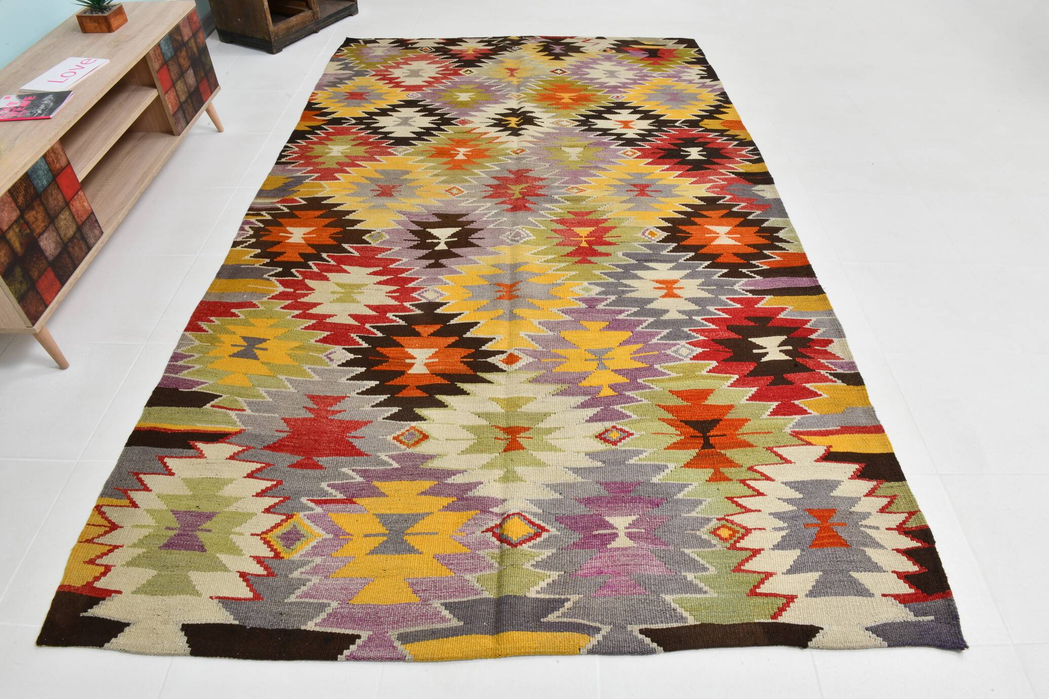 6x10 Tapis Kilim Turc Laine Fait Main, Style Bohème, Motifs Géométriques,
