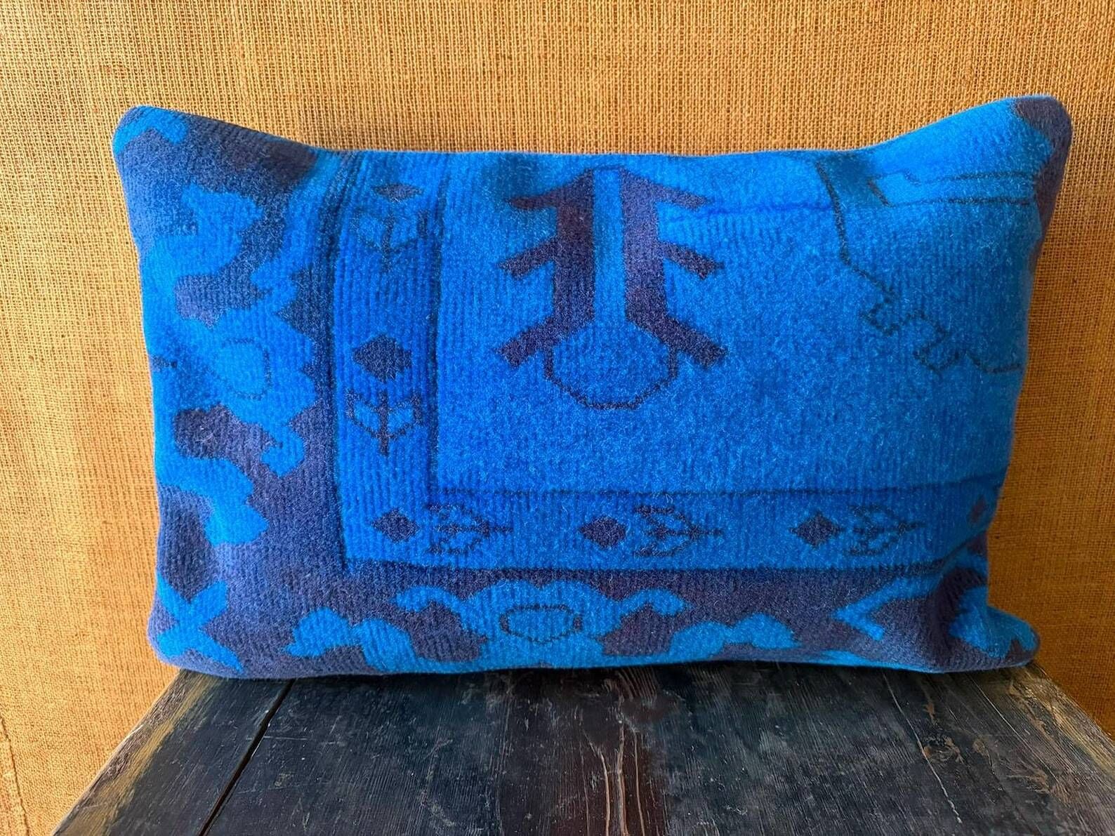 Electric Blue Vintage Turkish Rug Pillow, Hand-Stitched Wool Cushion