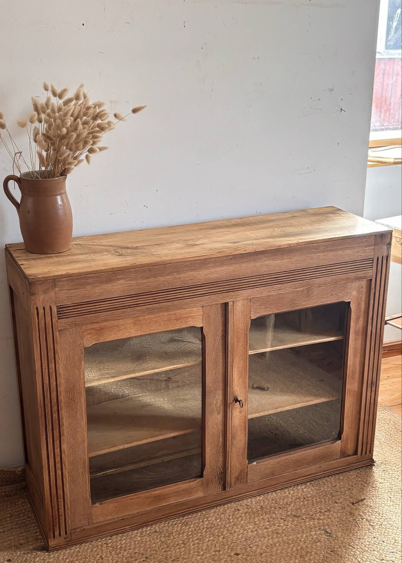 Narrow antique solid wood buffet - glass doors