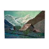 Ancient painting, mountain landscape, signed and dated 73