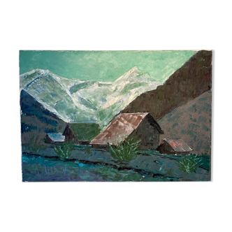 Ancient painting, mountain landscape, signed and dated 73