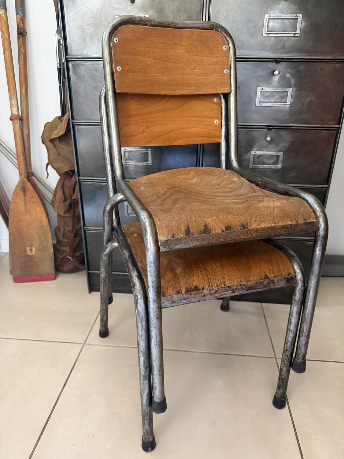 Pair of vintage adult school chairs in patinated metal