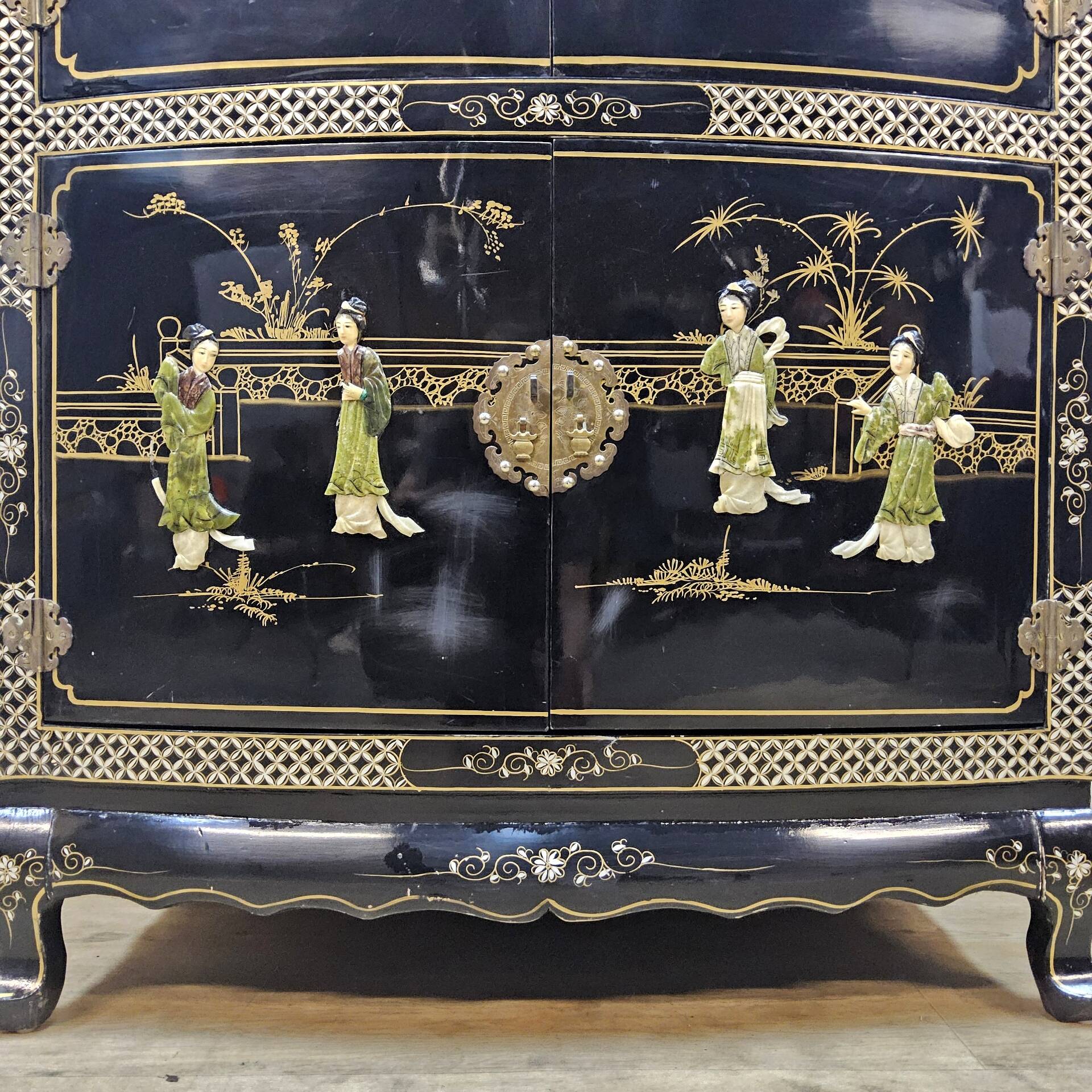 Vintage Chinese black lacquer cabinet soapstone, mother-of-pearl bohemia