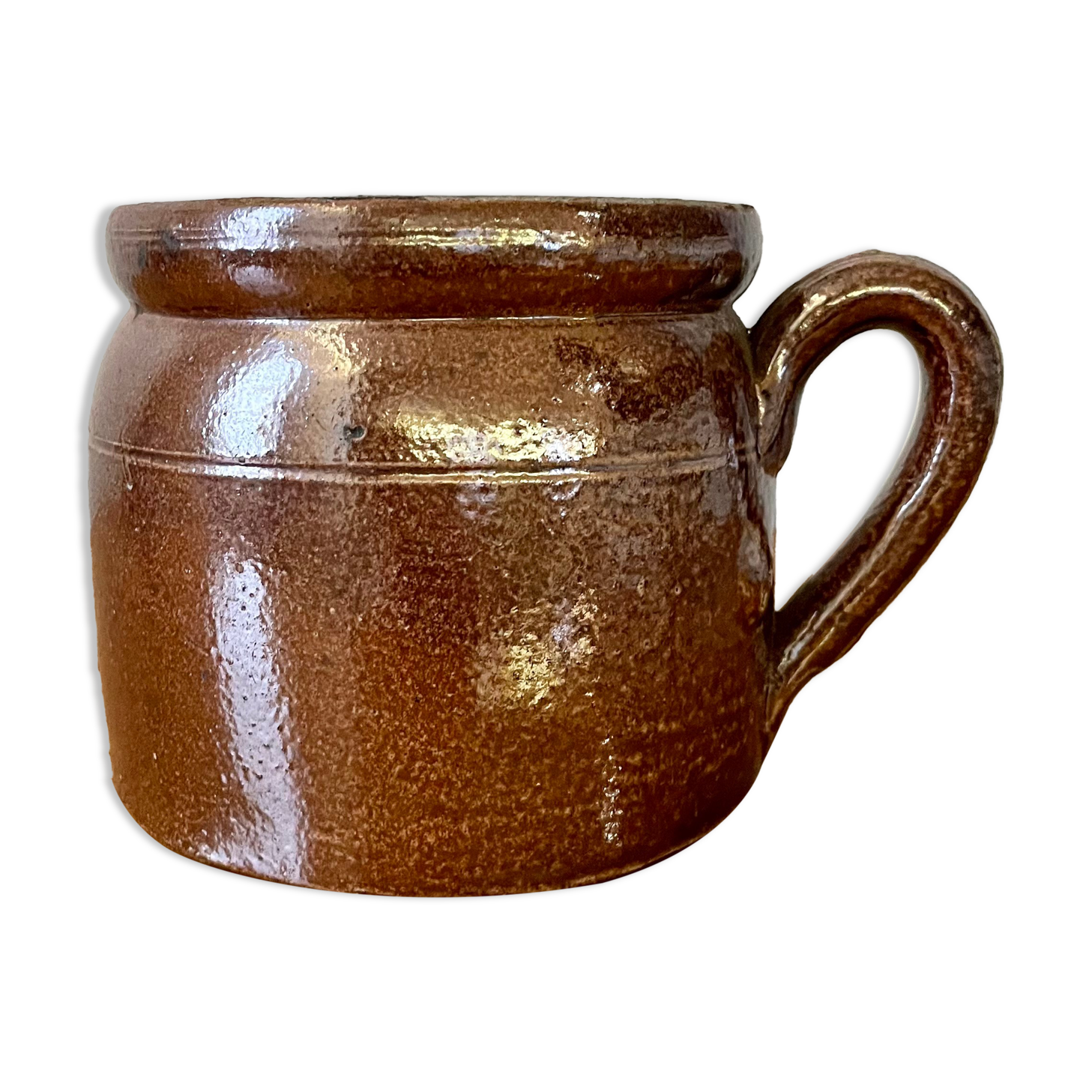Stoneware pot with glossy glazed brown and vintage speckled gray handle