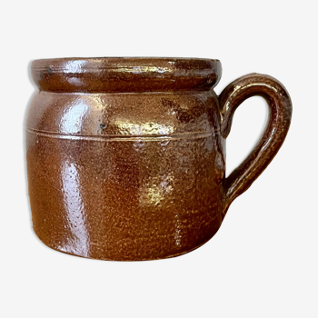Stoneware pot with glossy glazed brown and vintage speckled gray handle
