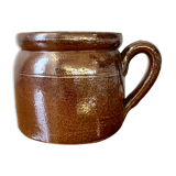 Stoneware pot with glossy glazed brown and vintage speckled gray handle