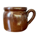 Stoneware pot with glossy glazed brown and vintage speckled gray handle