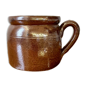 Stoneware pot with glossy glazed brown and vintage speckled gray handle
