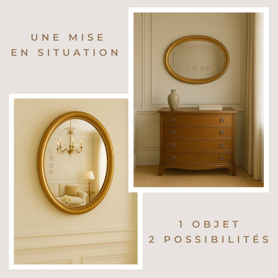 Grand et élégant miroir doré ovale avec sa glace biseauté
