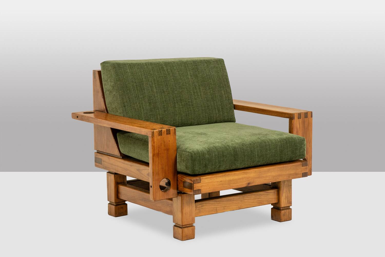 Pair of modernist style armchairs in pitch pine. 1960s.