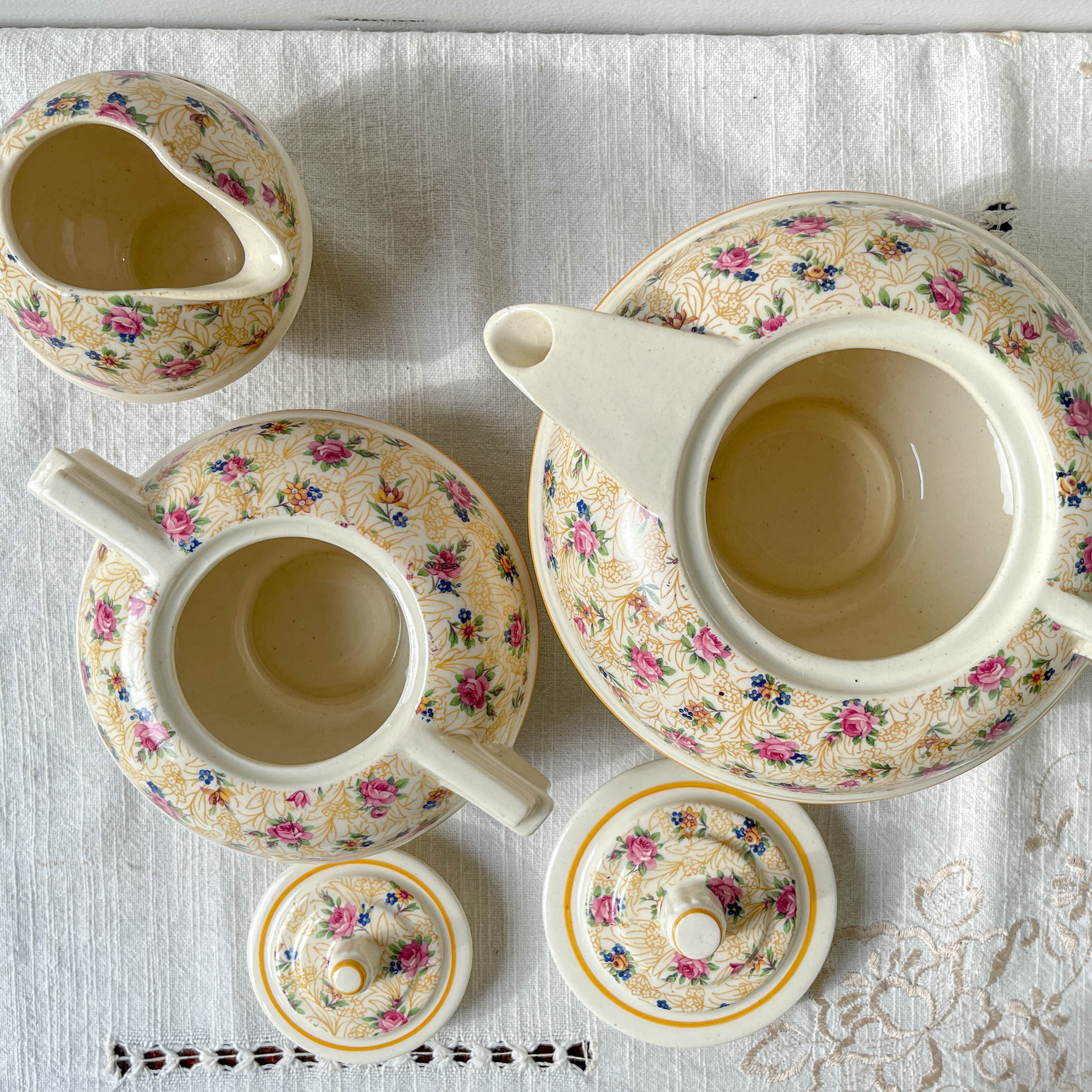 Robj Paris Coffee Tea Set with Floral Yellow Porcelain Core - Vintage Art Deco Style