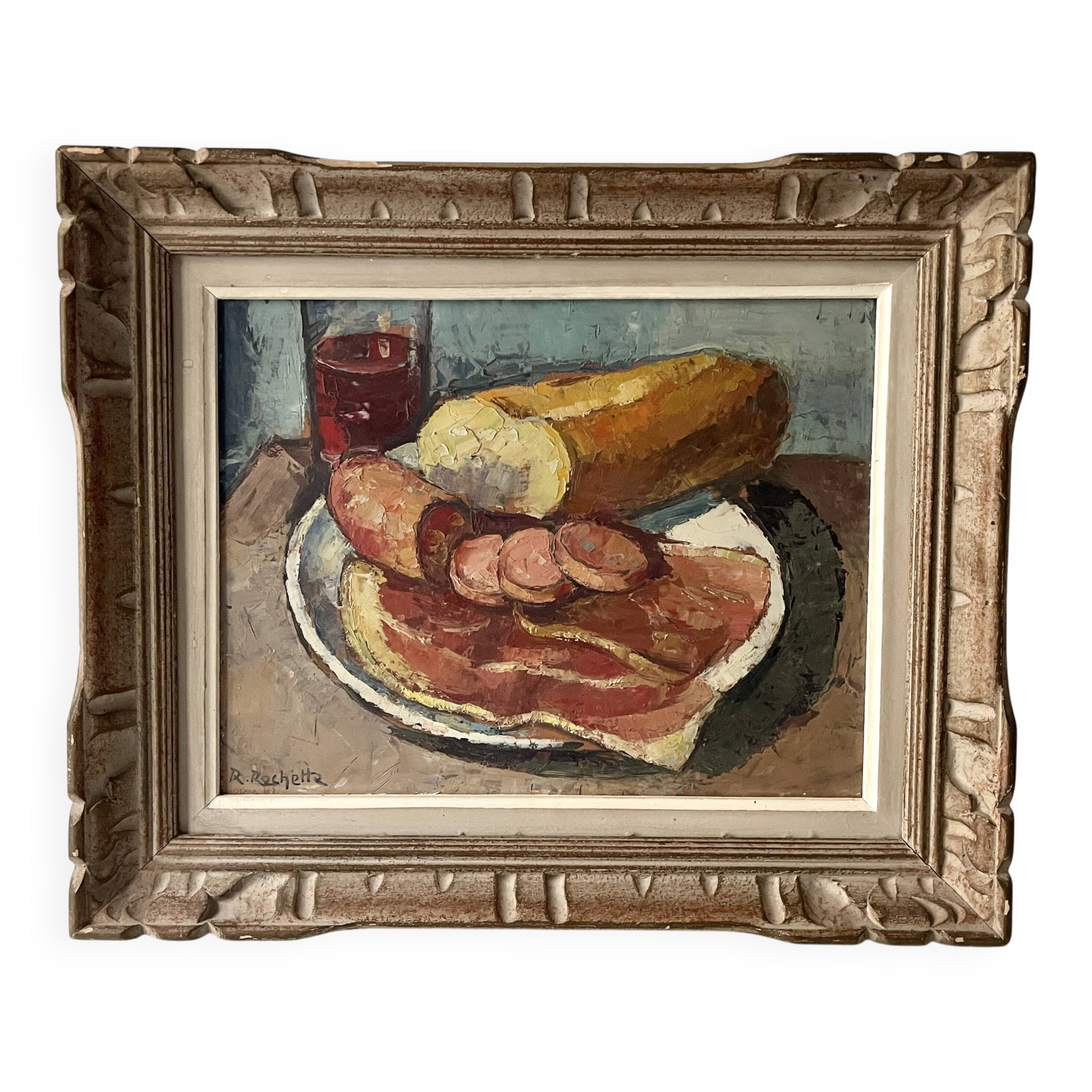 Oil on canvas still life with a baguette and sausage from the 1940s.