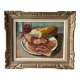 Oil on canvas still life with a baguette and sausage from the 1940s.
