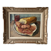 Oil on canvas still life with a baguette and sausage from the 1940s.
