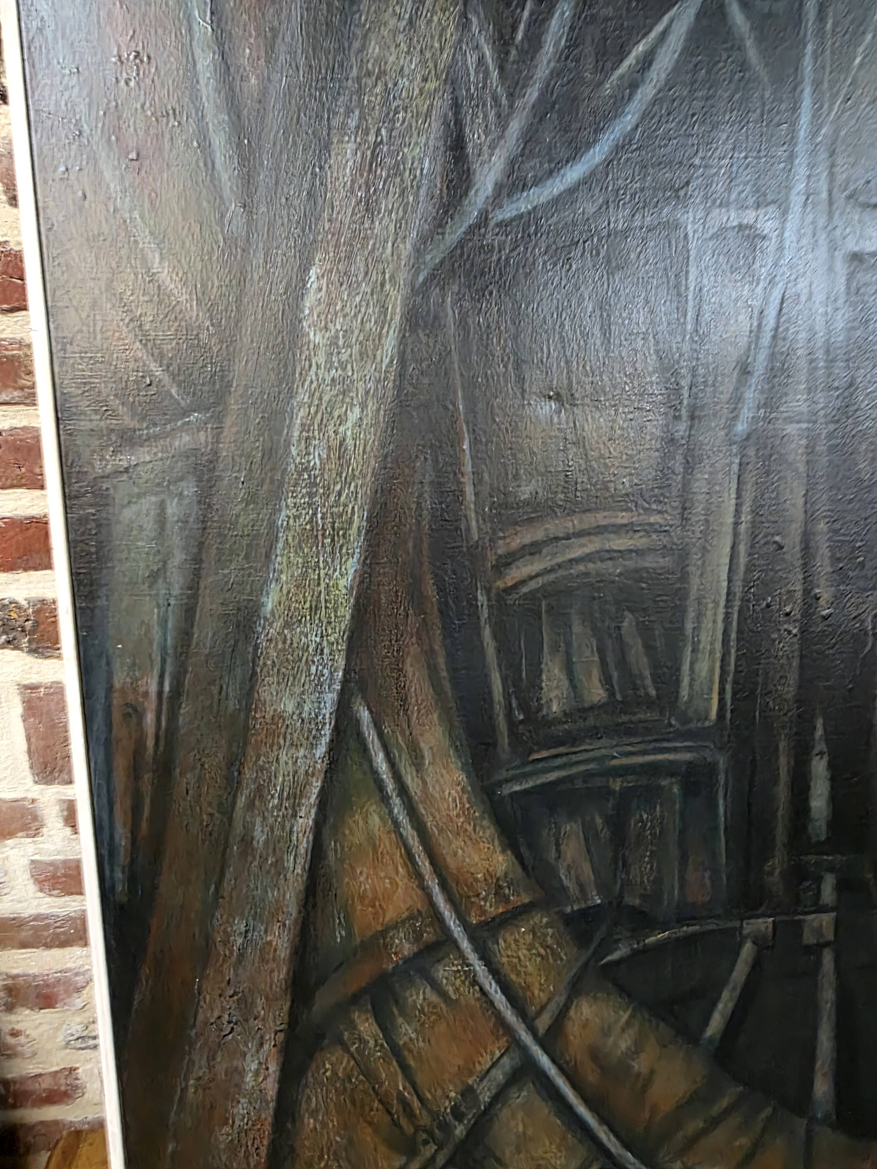 Oil painting on canvas of the interior of a boat from the 50s/70s