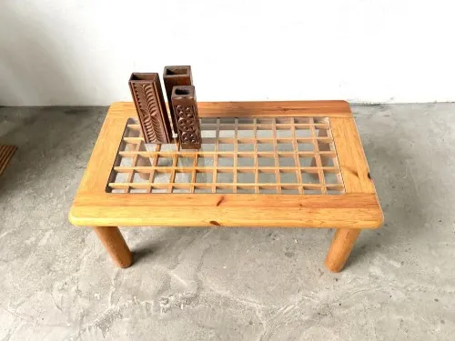 Scandinavian coffee table in solid pine and glass, 1970s