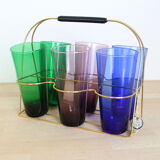 Set of 6 coloured glasses with brass base/basket
